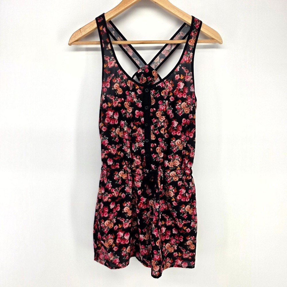 Wet Seal Romper Womens XS Black Pink Floral Button Front Criss Cross Back Summer